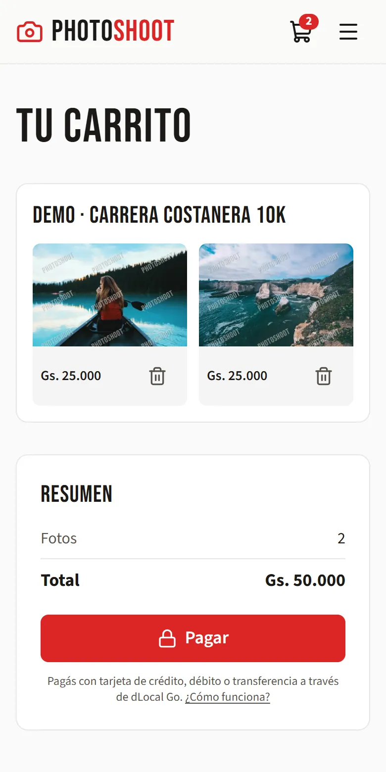 Carrito con el total y el botón Pagar