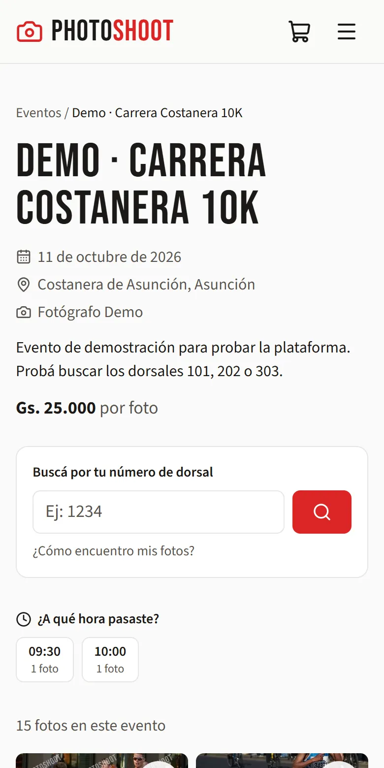 Página de un evento con el buscador de dorsal y los bloques horarios