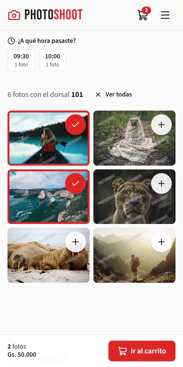 Fotos elegidas marcadas en rojo y barra con el total