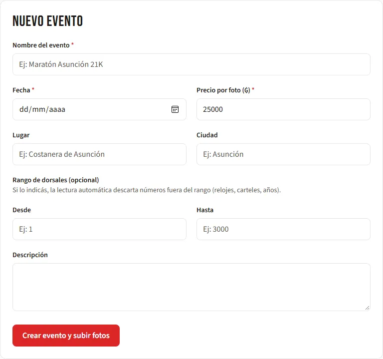 Formulario para crear un evento
